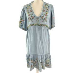 Reba Embroidered Light Denim Midi Bohemian Dress